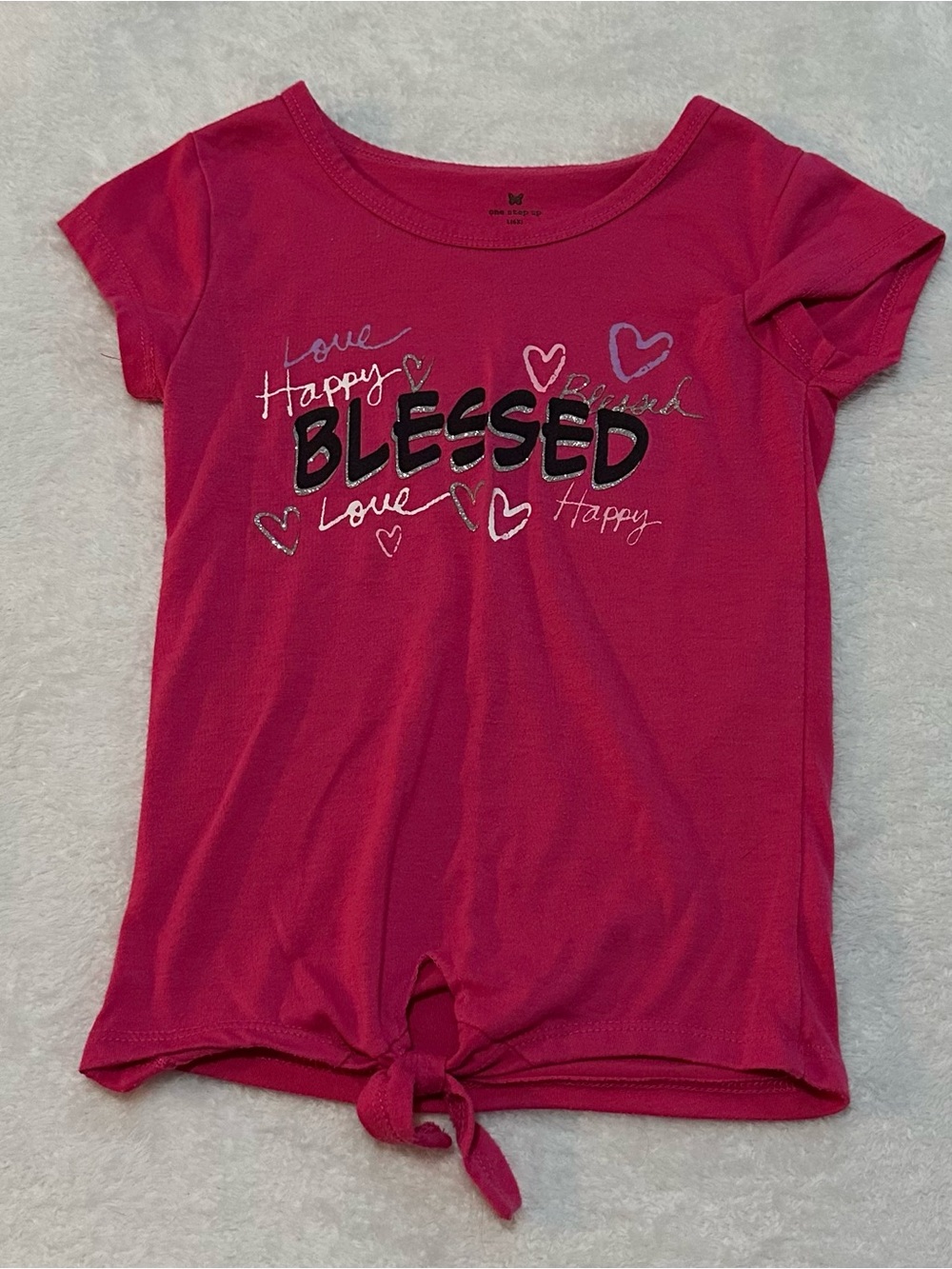 One Step Up Girls Pink Blessed Love Happy Hearts Tie-Front Short Sleeve Size 6
